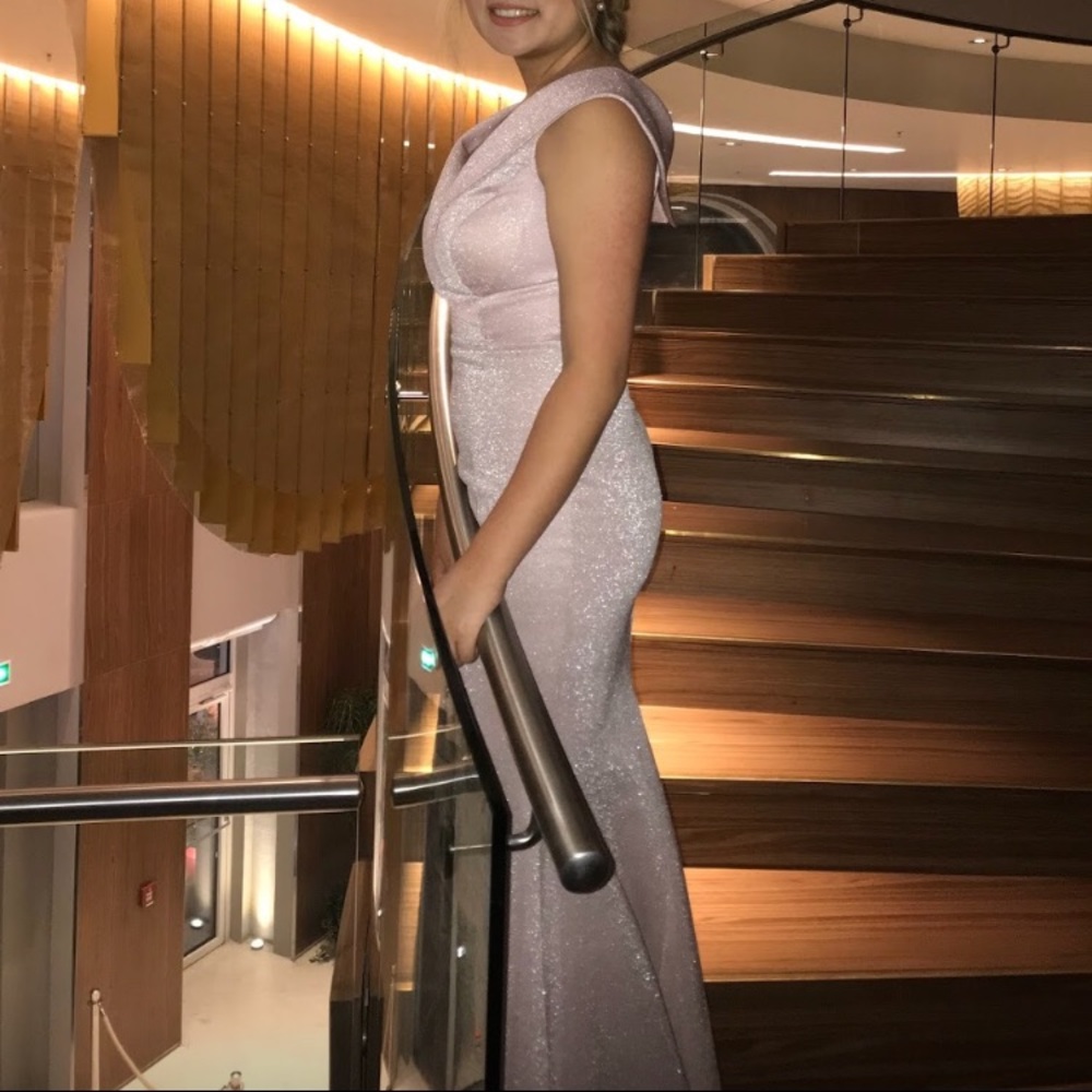 Pink Silver Threaded Prom Dress with buildin bra